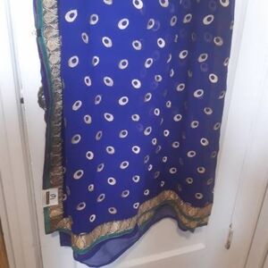 Gold Embroidered Royal Blue Chiffon Sari Saree Fabric